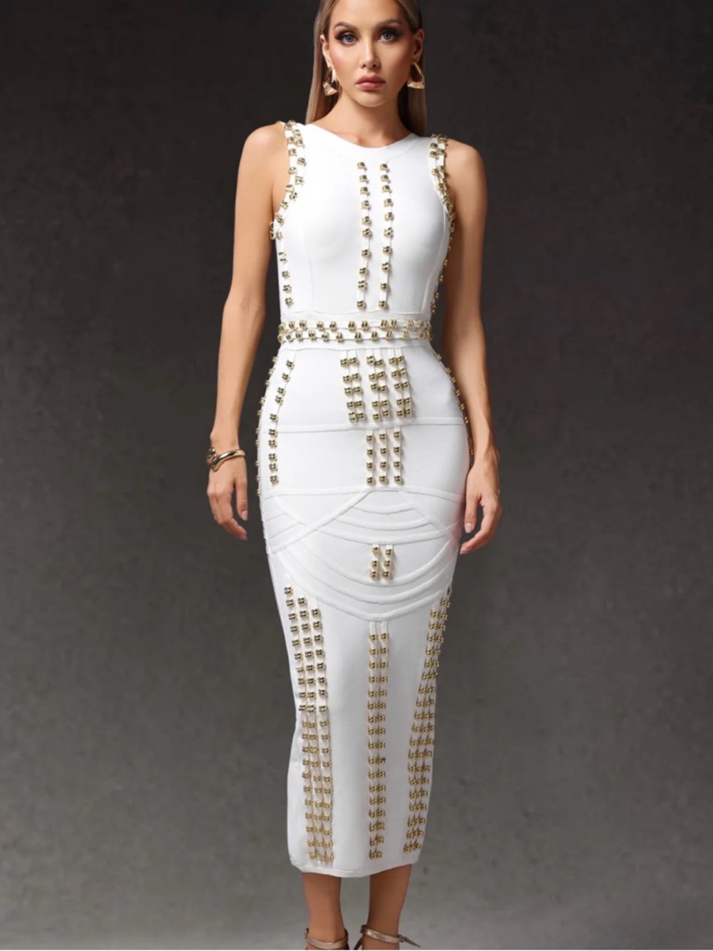 White Studded Bodycon Midi Dress - Picture 3 of 12